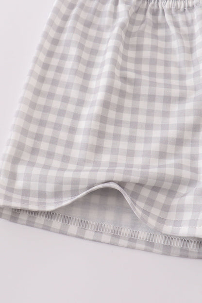 LuckeLadybug boys southern football applique outfit gray and white checkered shirt detail