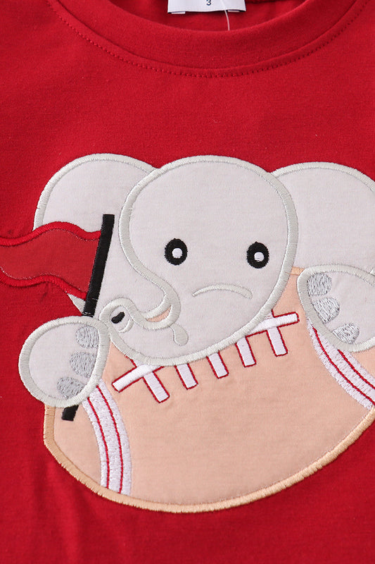 Red shirt with boys southern football applique outfit featuring an elephant holding a flag and football design