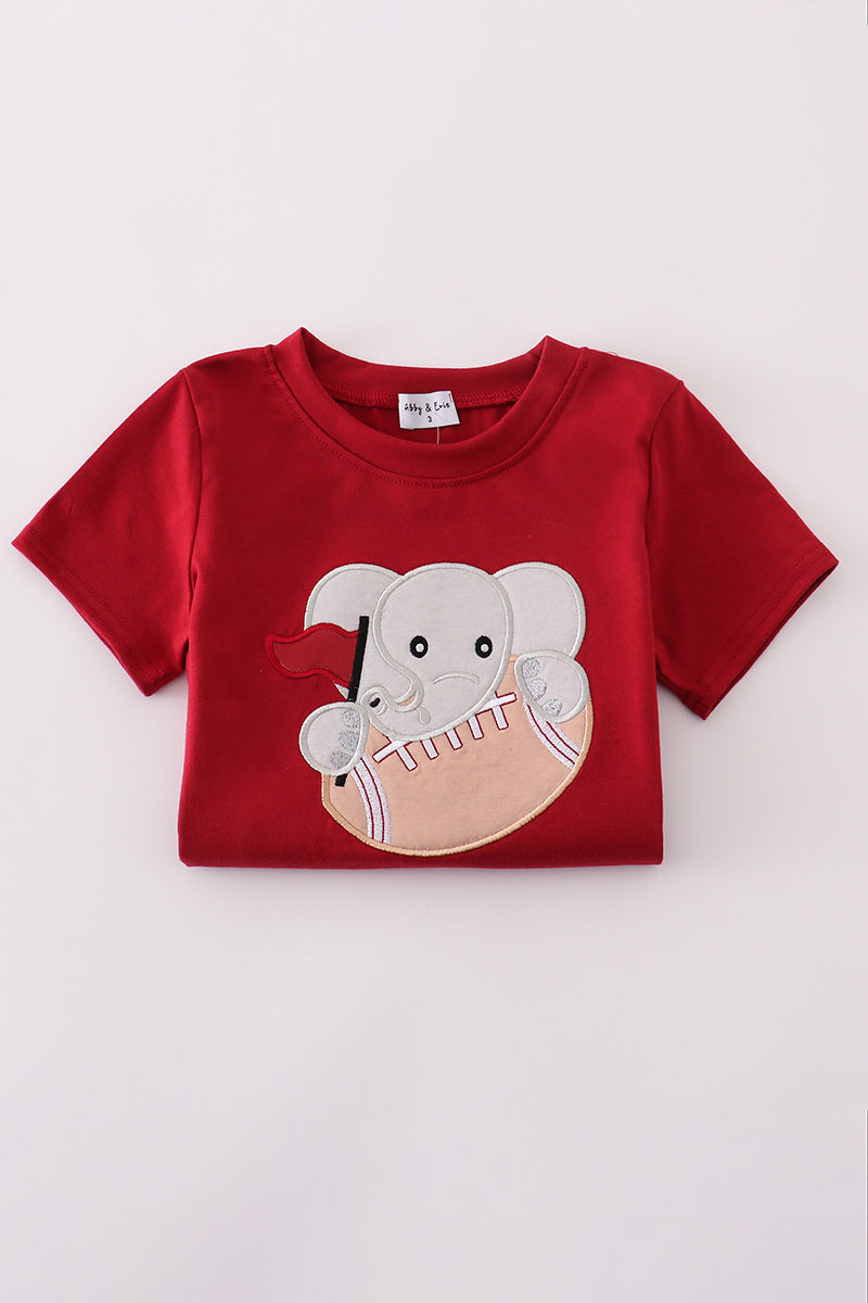Red boys southern football applique outfit shirt featuring an elephant holding a football design