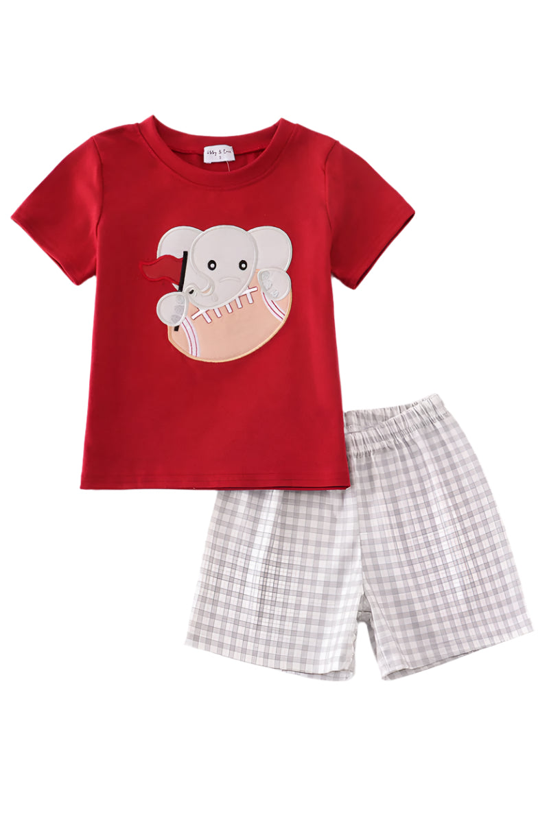 boys southern football applique outfit red shirt with elephant design and plaid shorts set