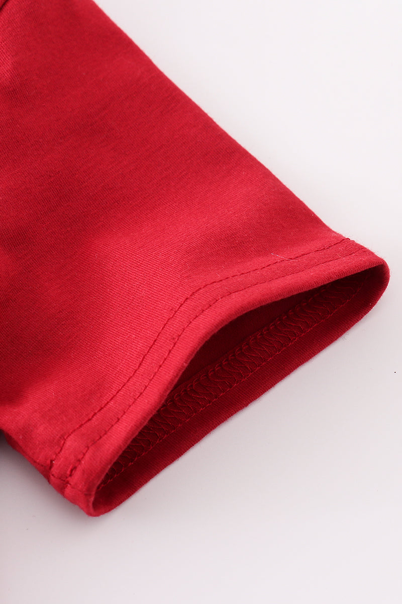 Close-up of red boys southern football applique outfit shirt sleeve by LuckeLadybug