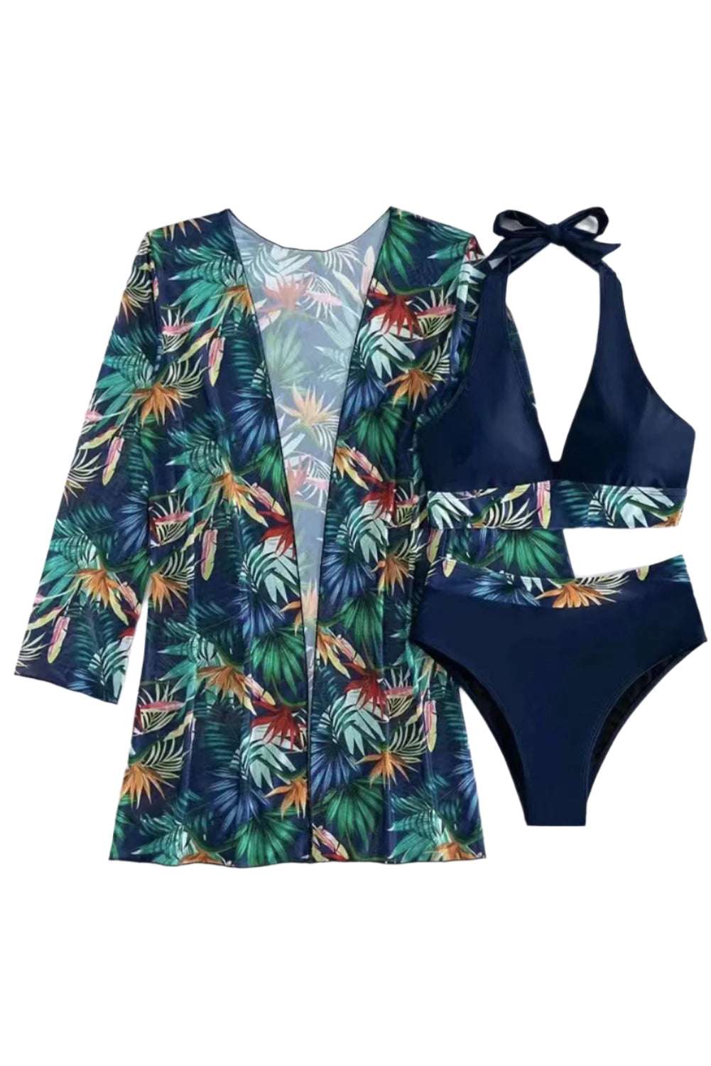 LuckeLadybug LLC 3 piece swimsuit for women with navy bikini and tropical print cover-up