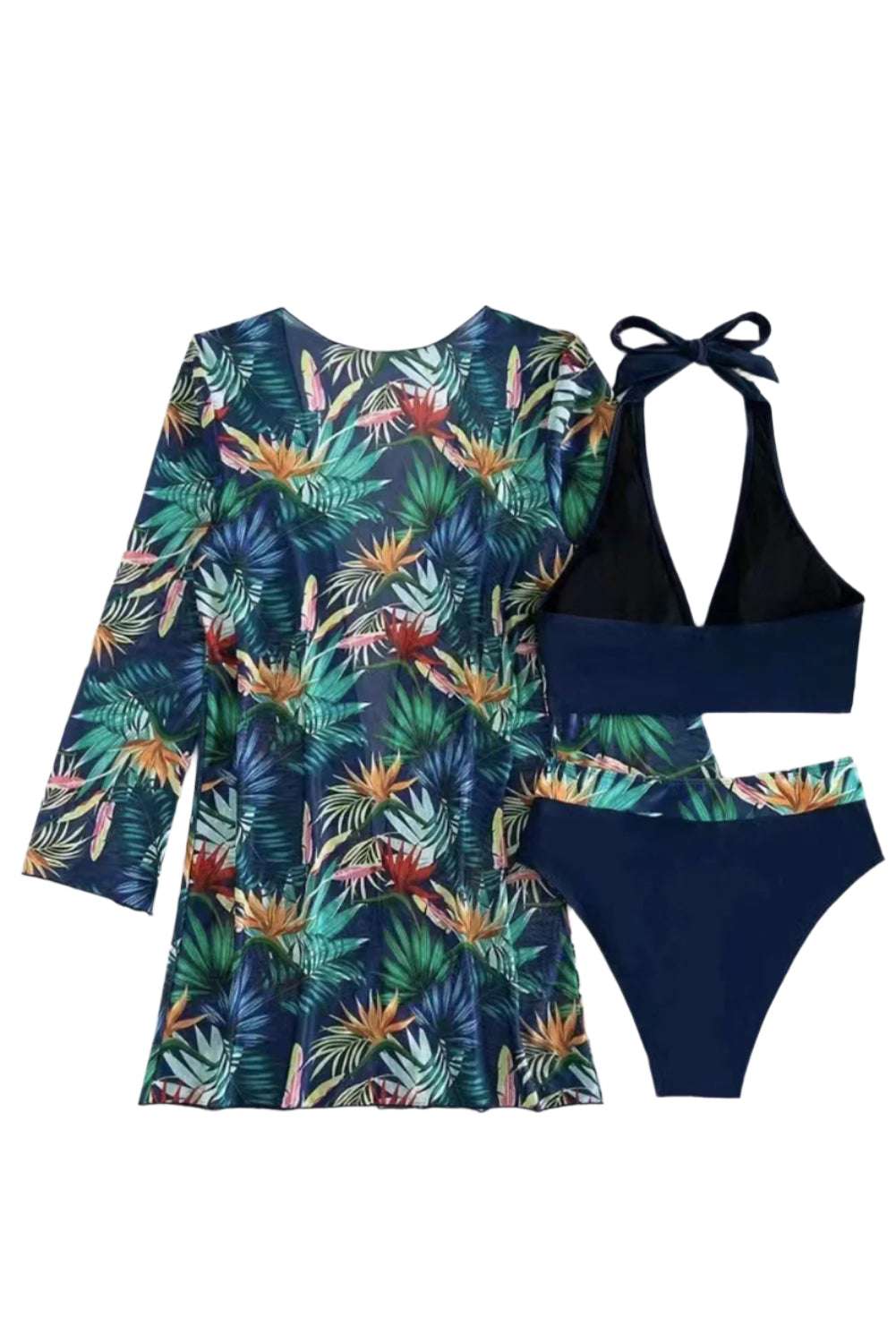 LuckeLadybug LLC 3 piece swimsuit for women with tropical print cover-up and navy bikini set