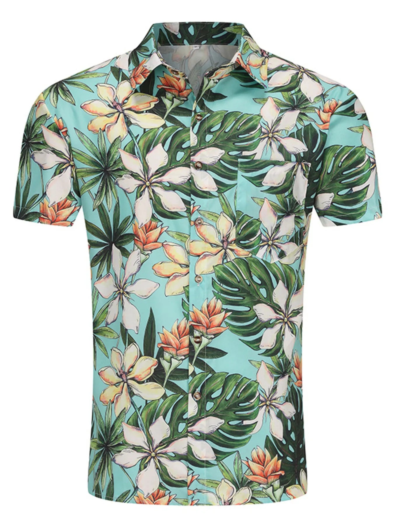 LuckeLadybug LLC Tropical Floral Button Up Men's Shirt with Short Sleeves and Vibrant Colors