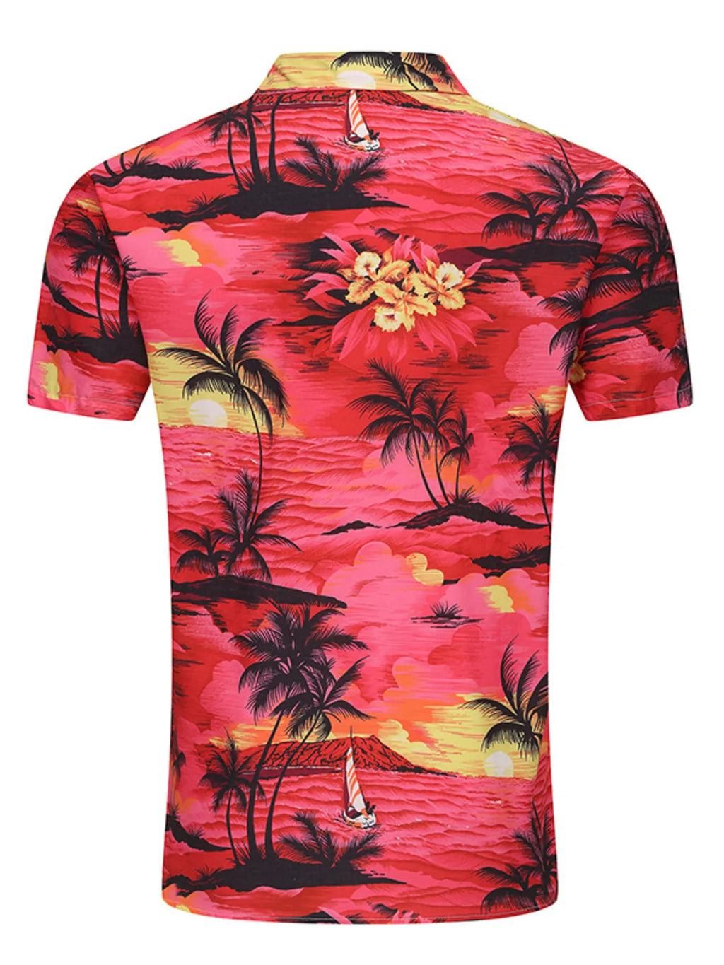 LuckeLadybug LLC vibrant button up men's shirt with tropical palm tree and sunset design