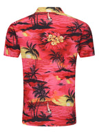 LuckeLadybug LLC vibrant button up men's shirt with tropical palm tree and sunset design