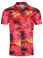 LuckeLadybug LLC button up men's shirt with vibrant floral and tropical pattern in pink tones
