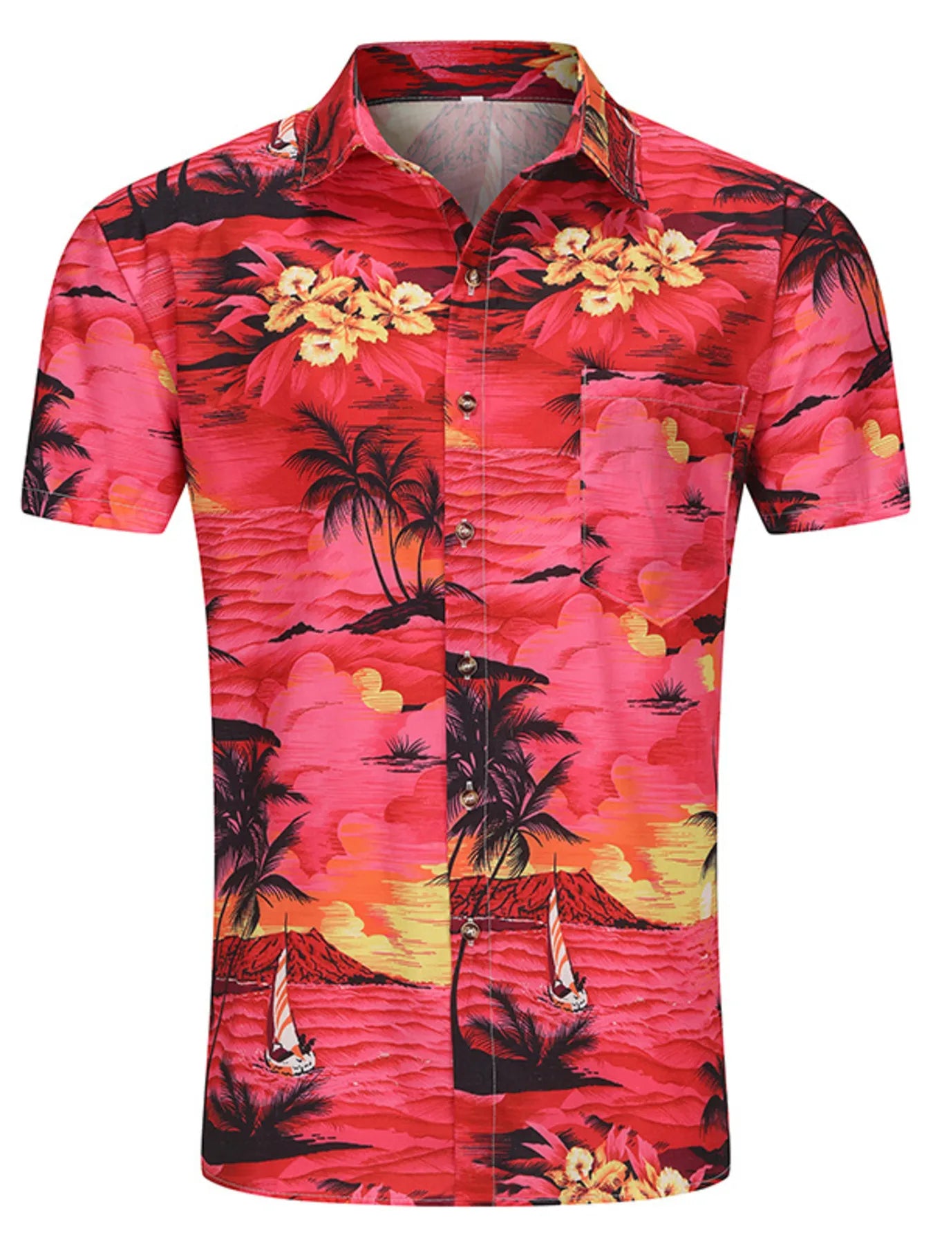 LuckeLadybug LLC button up men's shirt with vibrant floral and tropical pattern in pink tones