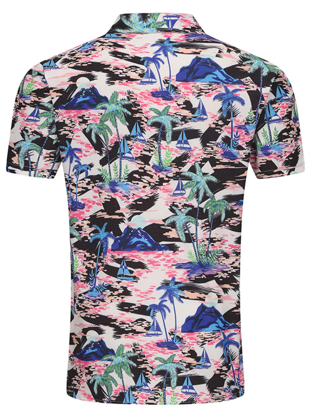 Colorful button up men's shirt with tropical print featuring palm trees and sailboats