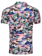 Colorful button up men's shirt with tropical print featuring palm trees and sailboats