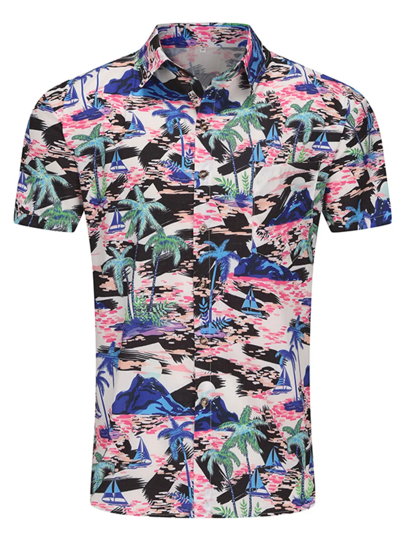 LuckeLadybug LLC button up men's shirt featuring a vibrant tropical print with palm trees and sailboats