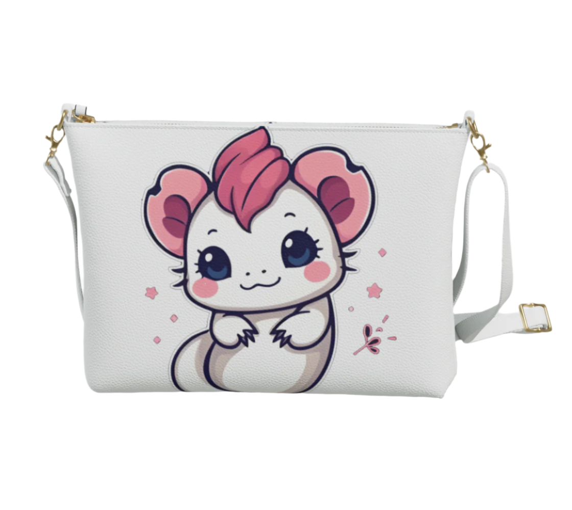 LuckeLadybug vegan leather cute axolotl crossbody bag in white with adjustable strap and pink character design