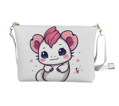 LuckeLadybug vegan leather cute axolotl crossbody bag in white with adjustable strap and pink character design