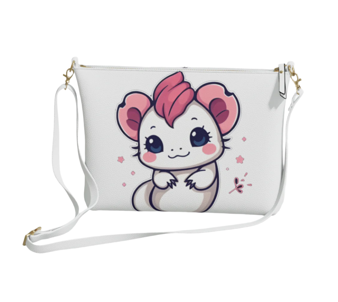 Vegan leather crossbody purse by LuckeLadybug featuring a cute axolotl crossbody bag design in white with adjustable strap