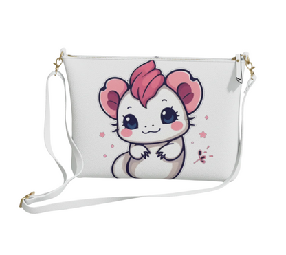 Vegan leather crossbody purse by LuckeLadybug featuring a cute axolotl crossbody bag design in white with adjustable strap