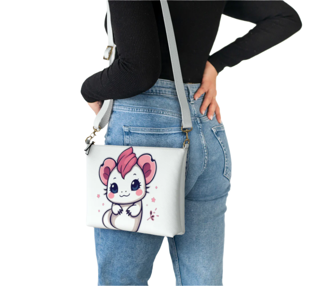 LuckeLadybug vegan leather cute axolotl crossbody bag worn by person with black top and jeans