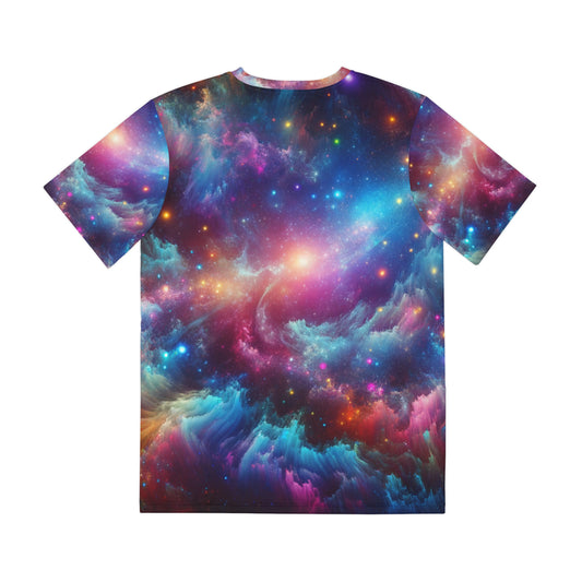 LuckeLadybug vibrant cosmic shirt for men featuring colorful galaxy and star patterns on a short sleeve T-shirt
