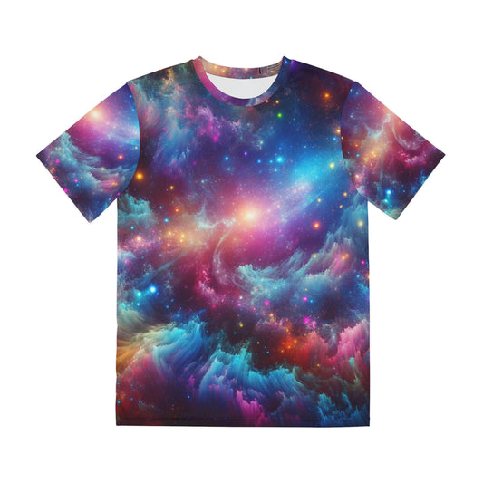 LuckeLadybug vibrant cosmic shirt for men featuring colorful galaxy and star patterns on a t-shirt