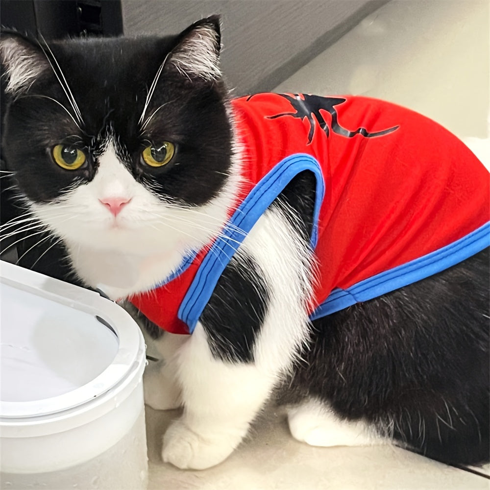 Cute black and white cat in a red shirt, showcasing breathable pet shirts for dogs and cats
