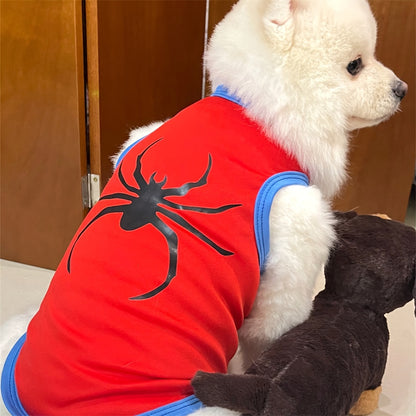 Red LuckeLadybug breathable pet shirts for dogs and cats featuring a spider design