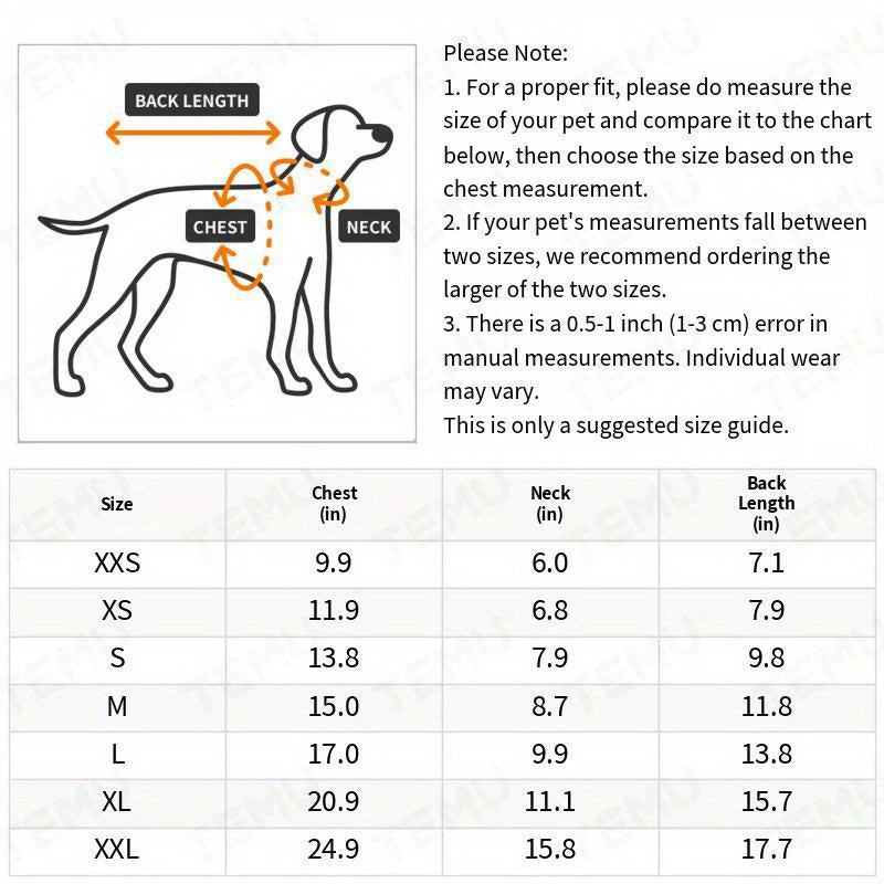 Size guide for breathable pet shirts for dogs and cats showing chest, neck and back length measurements