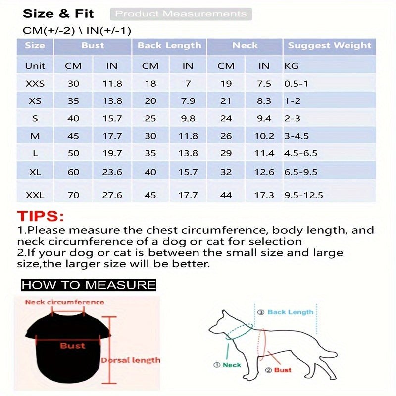 Size chart for breathable pet shirts for dogs and cats with measurements for bust, back length, and neck