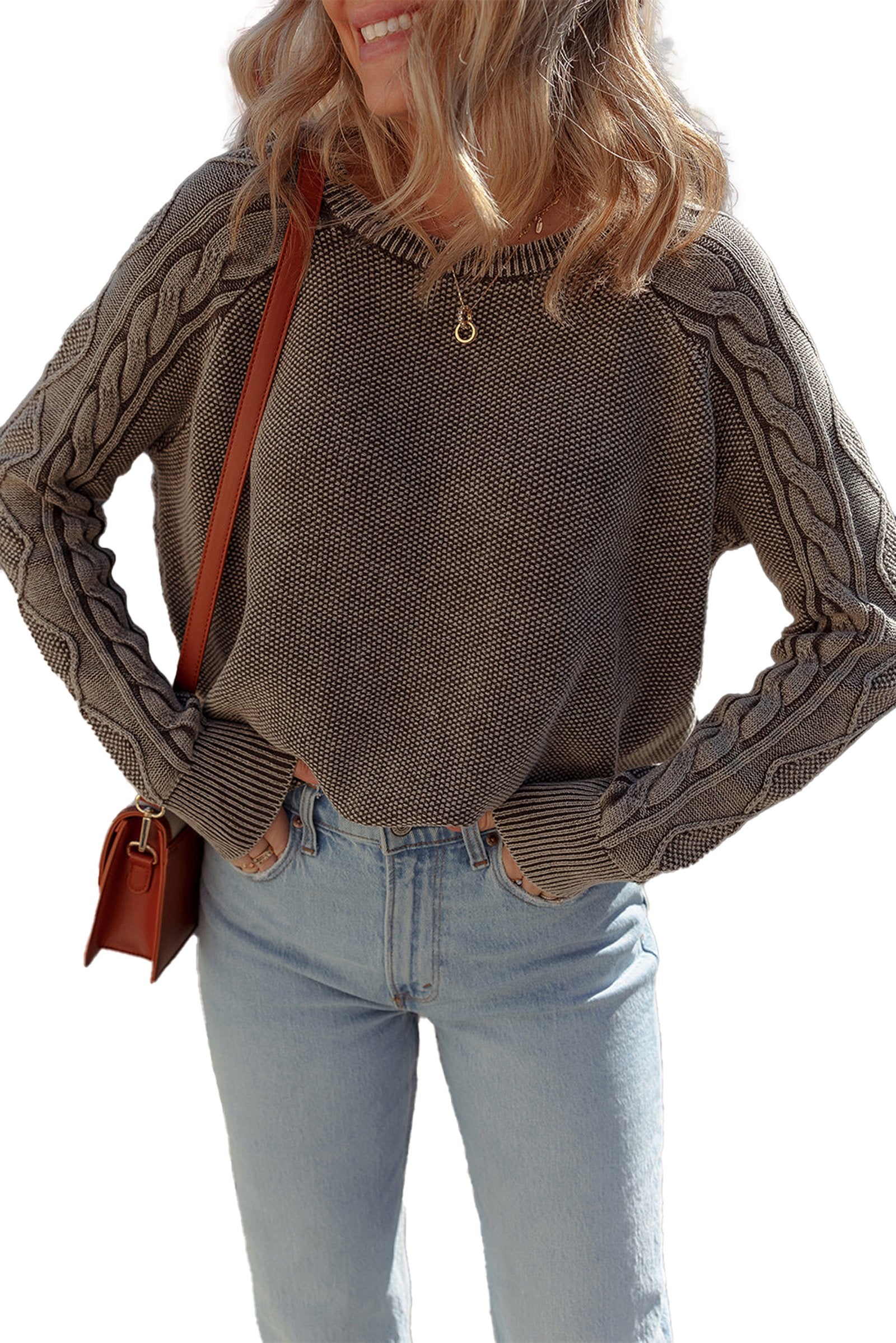 Stylish blue cable knit sweater for women with unique textured design and relaxed fit