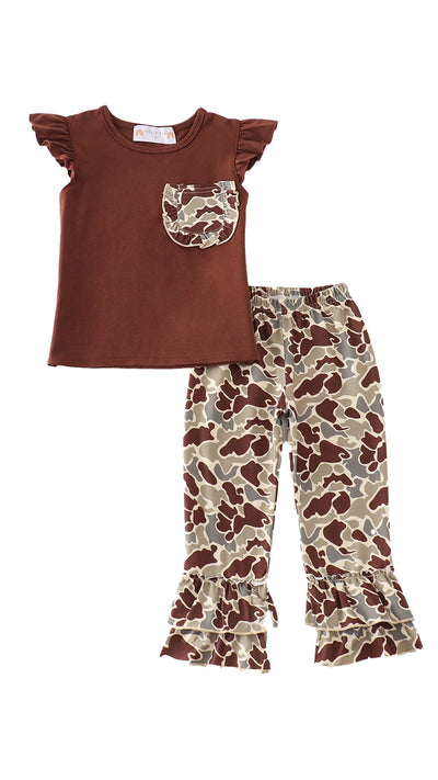 Adorable Brown Camouflage Ruffle Girl Set For Fashionable Babies & Toddlers - LuckeLadybug LLC