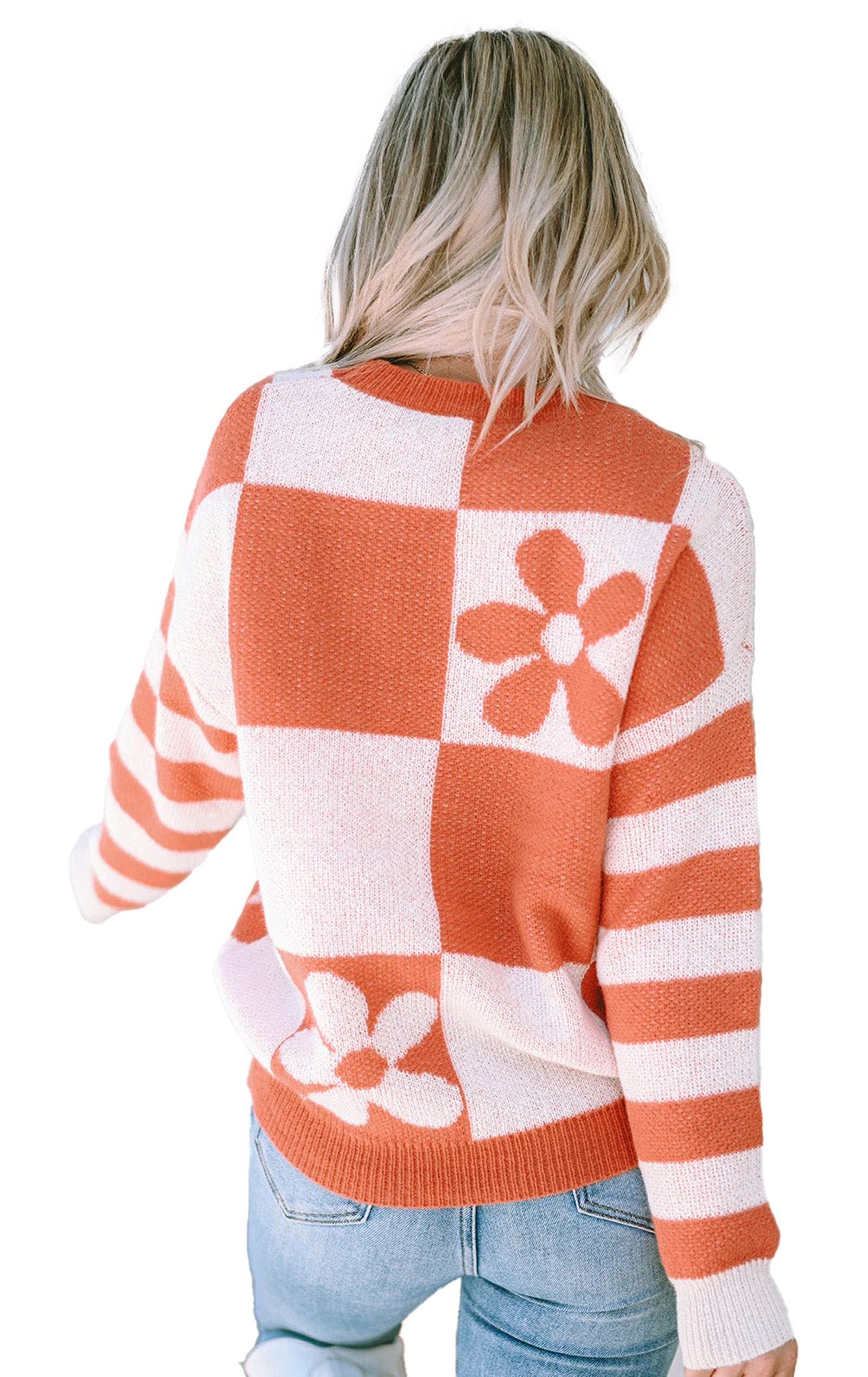 LuckeLadybug brown checkered floral sweater with a cozy design and striped sleeves