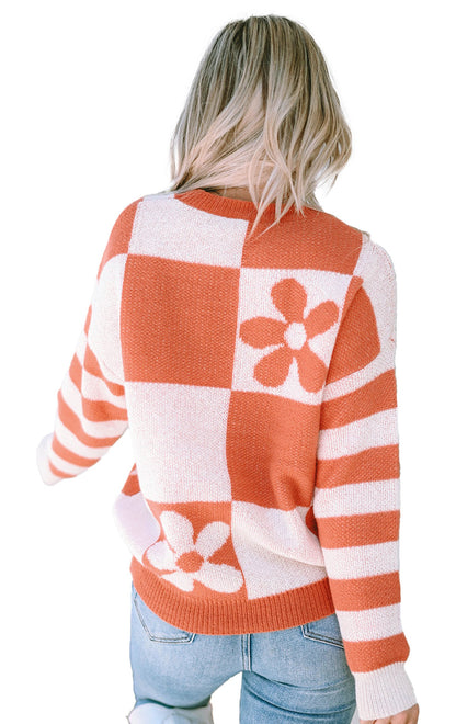 LuckeLadybug brown checkered floral sweater with a cozy design and striped sleeves