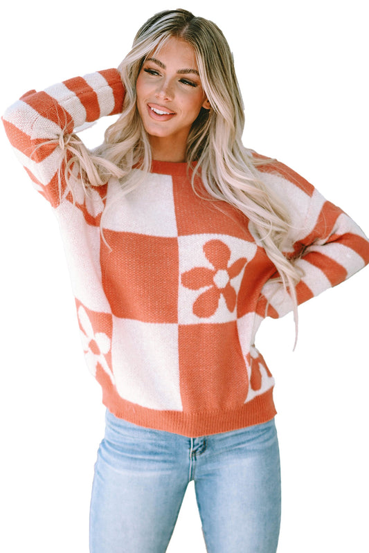 LuckeLadybug brown checkered floral sweater in orange and cream with a relaxed fit