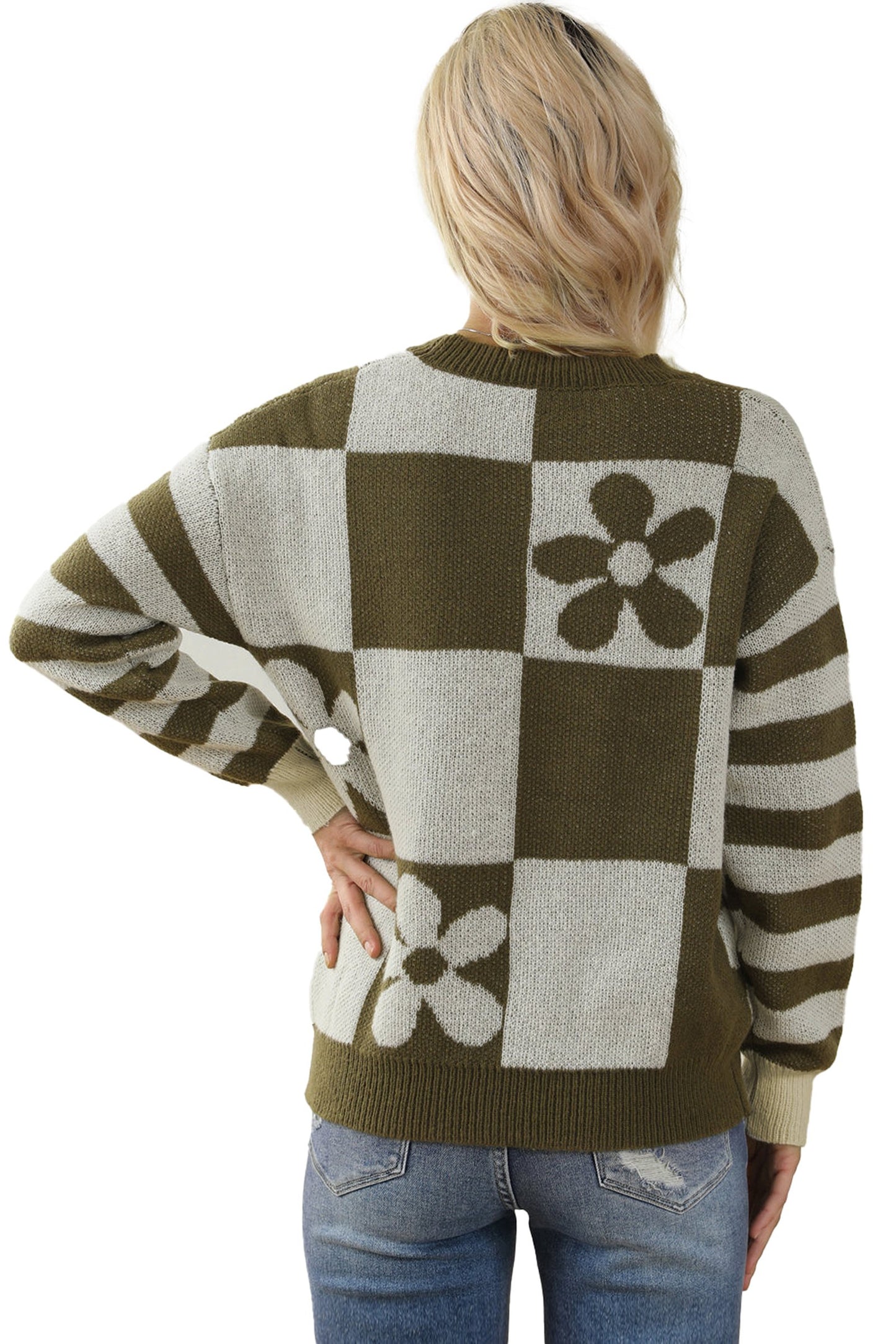 Brown checkered floral sweater with oversized fit and unique floral patterns on the back