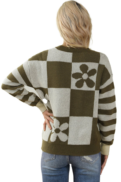 Brown checkered floral sweater with oversized fit and unique floral patterns on the back