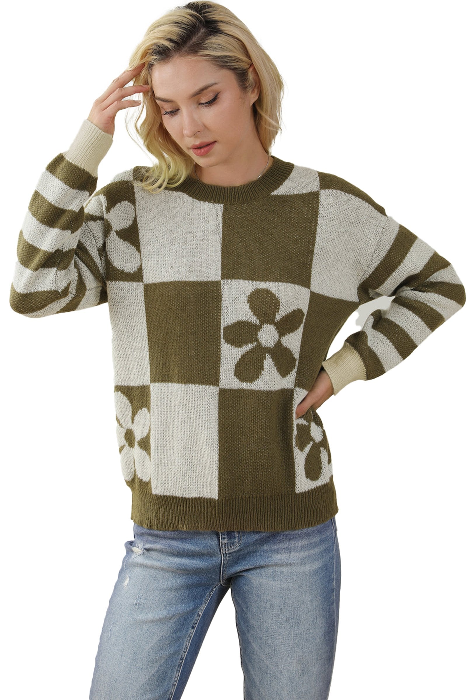 Brown checkered floral sweater featuring bold floral patterns and cozy knit design