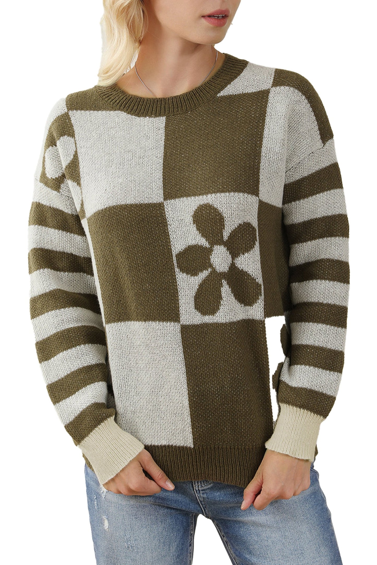 Brown checkered floral sweater featuring stripes and a flower design, perfect for casual wear