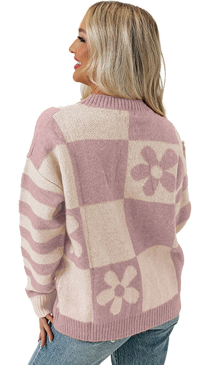 Stylish brown checkered floral sweater featuring a soft design and relaxed fit for casual wear