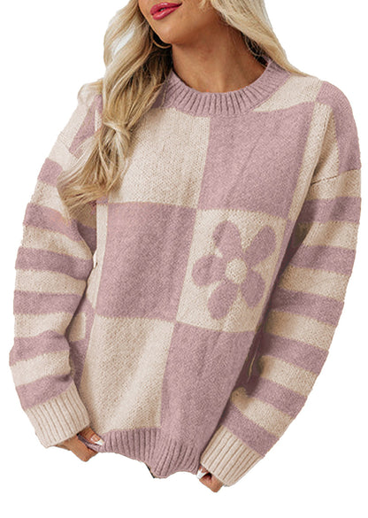 LuckeLadybug brown checkered floral sweater in soft pastel colors for a cozy and stylish look