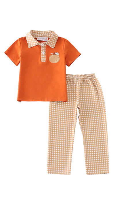 Adorable Brown Pumpkin Embroidery Plaid Outfit Set For Stylish Baby Boys - LuckeLadybug LLC