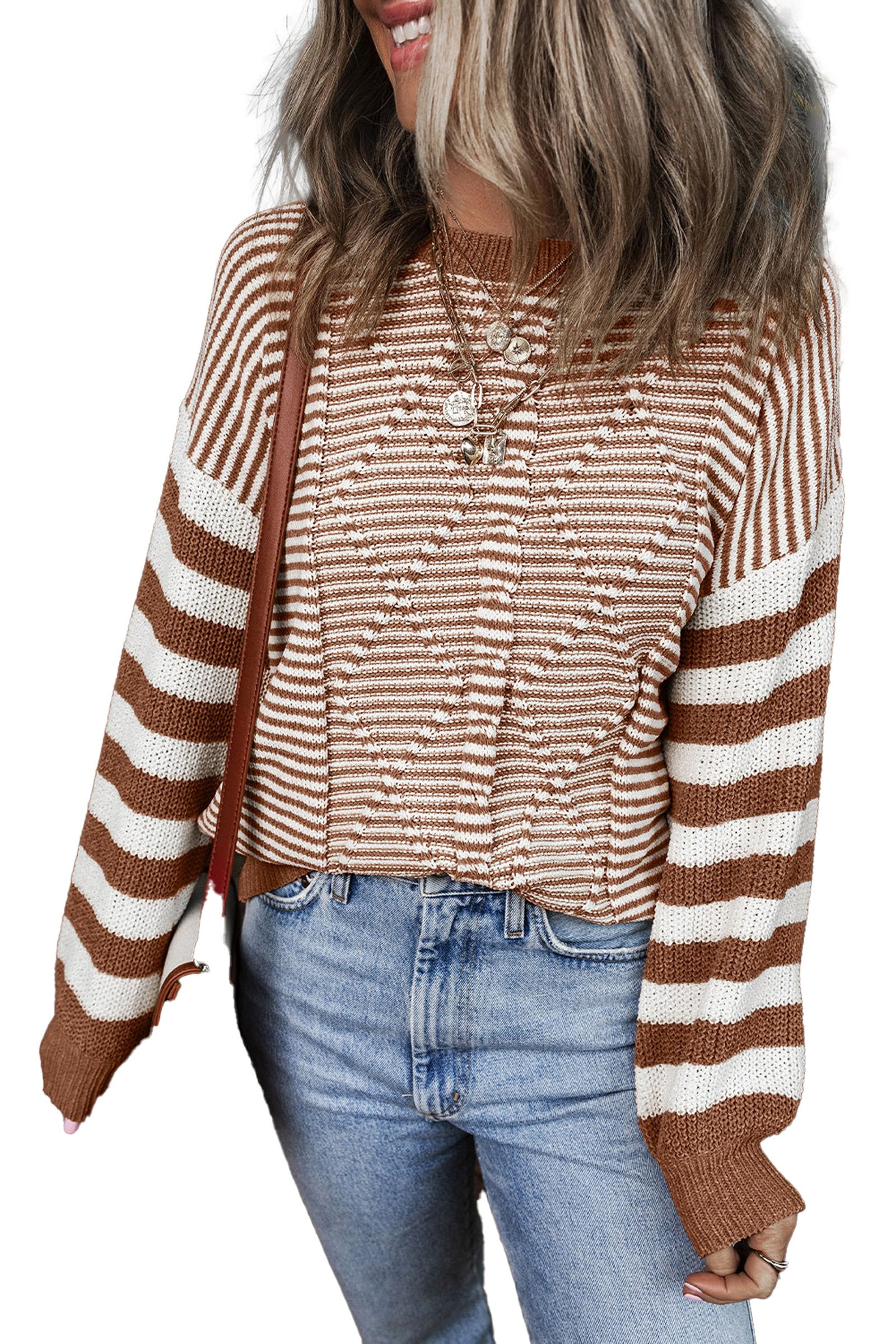 LuckeLadybug brown stripe geometric sweater with wide sleeves, styled with high-waisted jeans