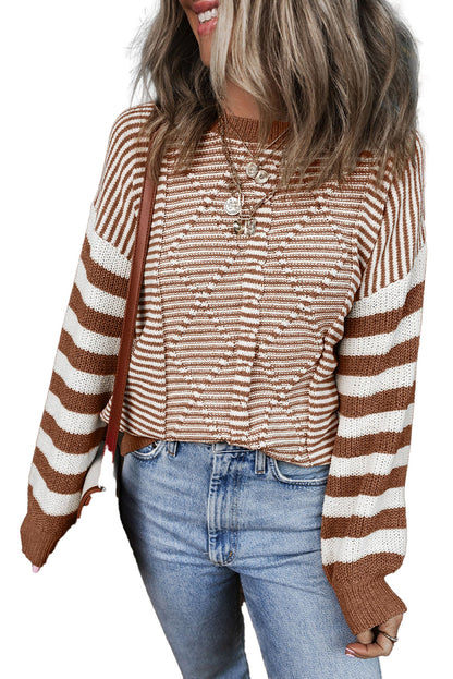 LuckeLadybug brown stripe geometric sweater with wide sleeves, styled with high-waisted jeans