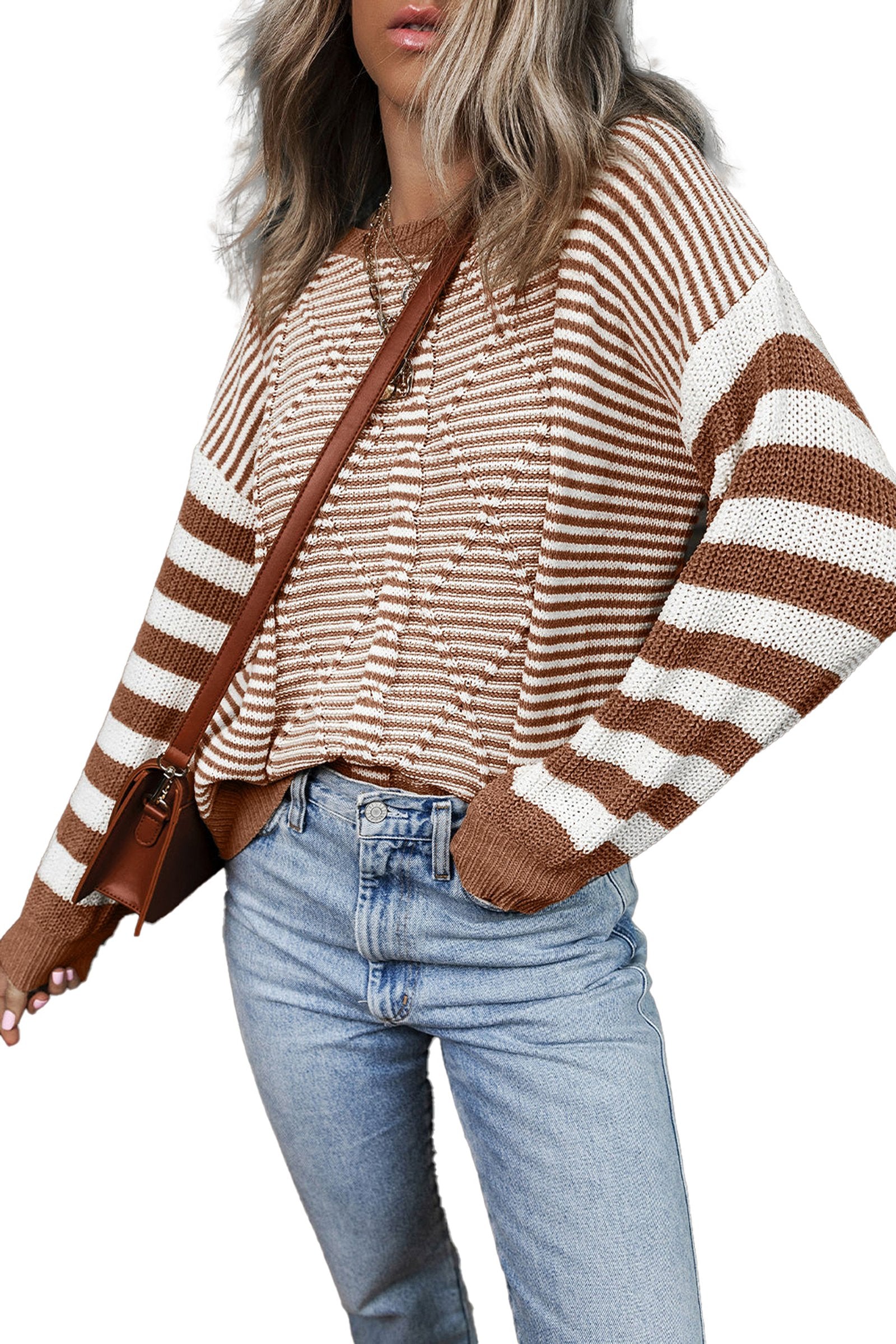 LuckeLadybug brown stripe geometric sweater with long sleeves paired with light blue jeans