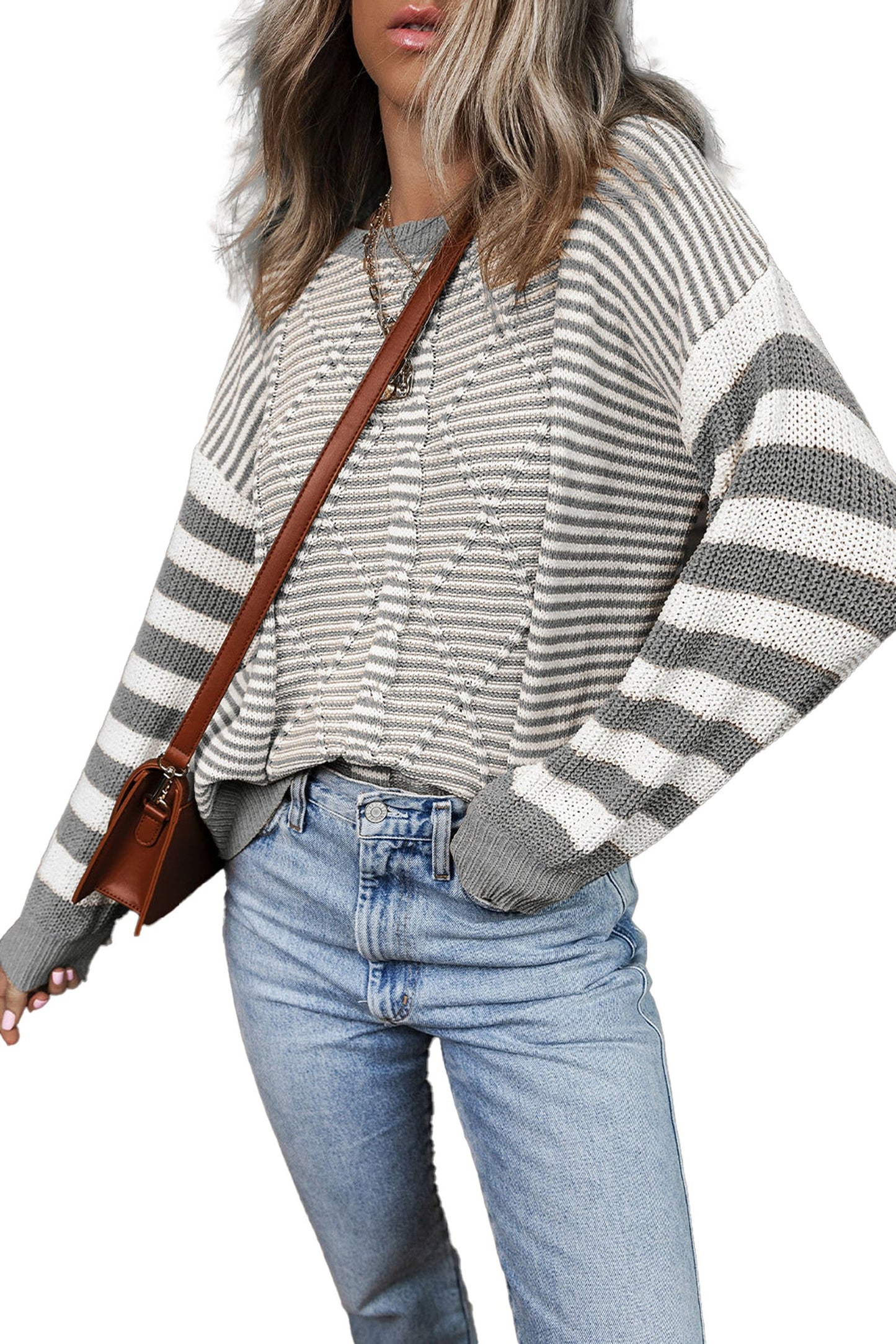 LuckeLadybug brown stripe geometric sweater paired with high-waisted jeans for a casual fall look