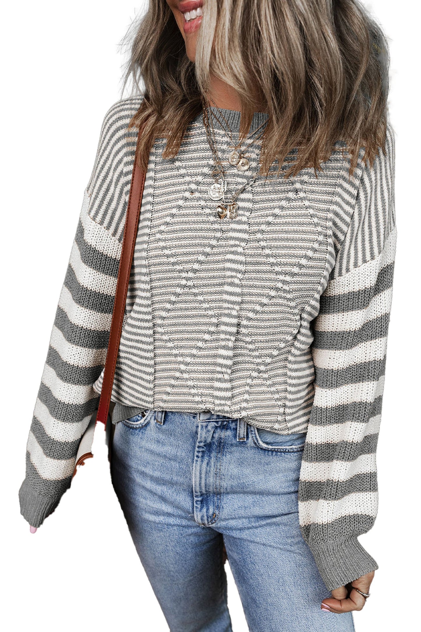 LuckeLadybug brown stripe geometric sweater with a cozy fit and stylish design, paired with high-waisted jeans