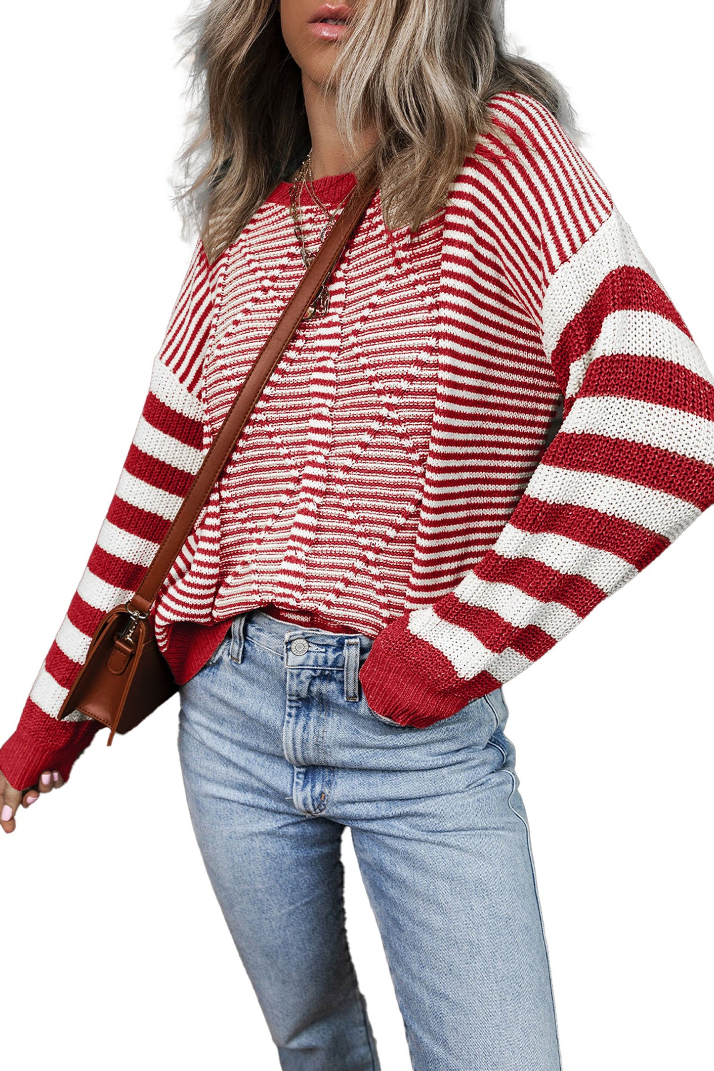 LuckeLadybug brown stripe geometric sweater with a relaxed fit and bold red and white stripes