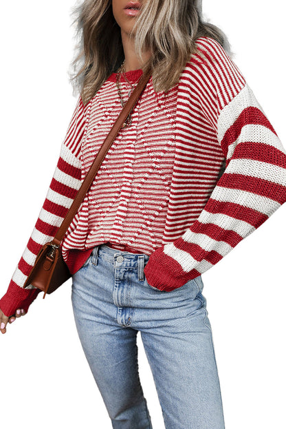 LuckeLadybug brown stripe geometric sweater with a relaxed fit and bold red and white stripes