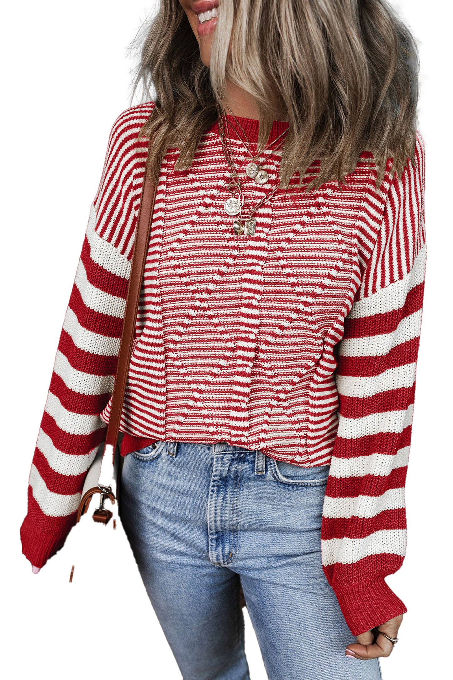 LuckeLadybug brown stripe geometric sweater with long sleeves and a cozy fit, ideal for casual wear