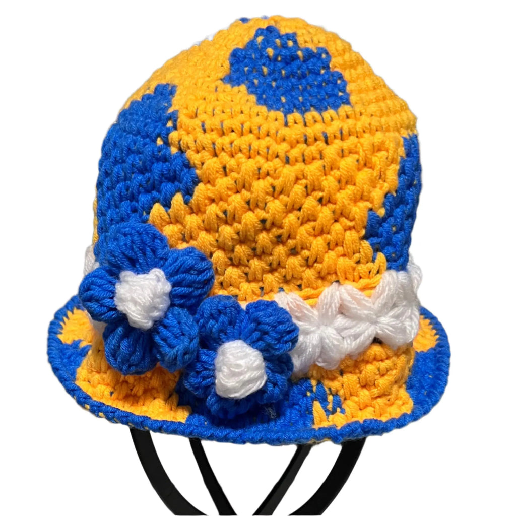 Colorful Crochet Bucket Hat with Blue and Yellow Patterns and Floral Accents, perfect for summer wear