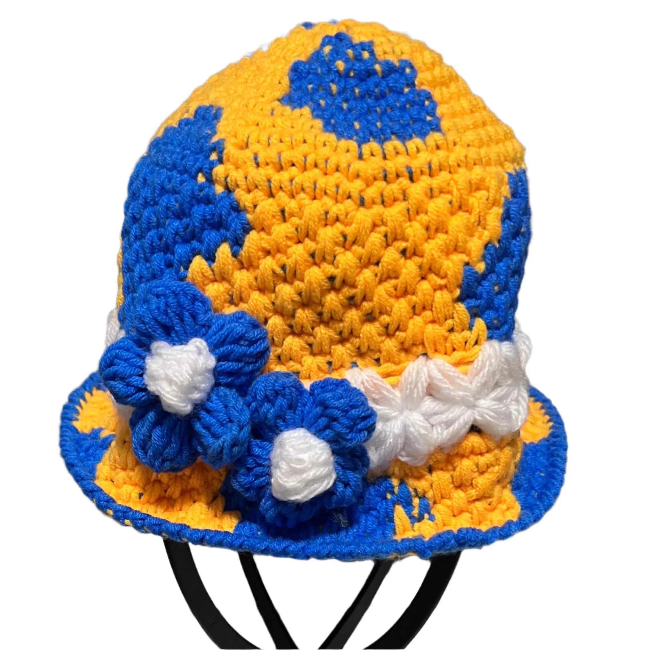 Colorful Crochet Bucket Hat with Blue and Yellow Patterns and Floral Accents, perfect for summer wear