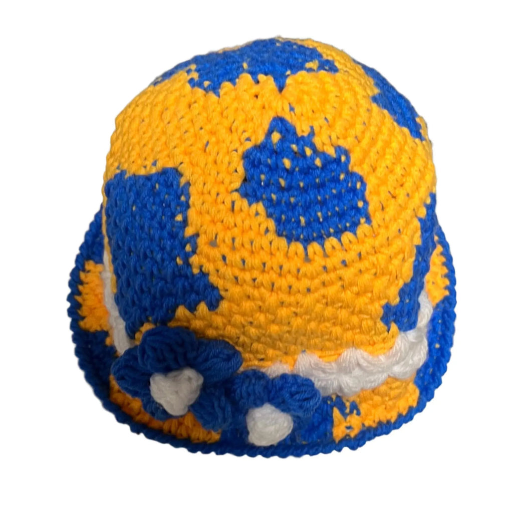 Colorful handmade bucket hat bucket with blue and yellow patterns and flower details