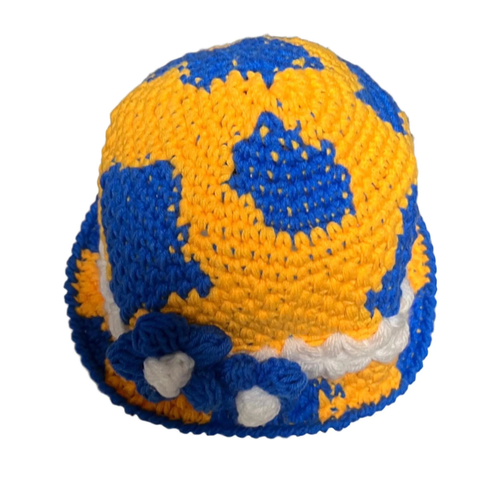 Colorful handmade bucket hat bucket with blue and yellow patterns and flower details
